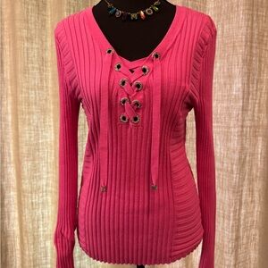 INC Hot Pink Lace-Up Ribbed Knit Sweater